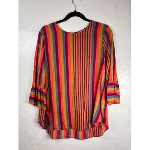 Betseys Boutique Striped Bell Sleeve Tunic Top Sz M Quirky Circus Serotonin